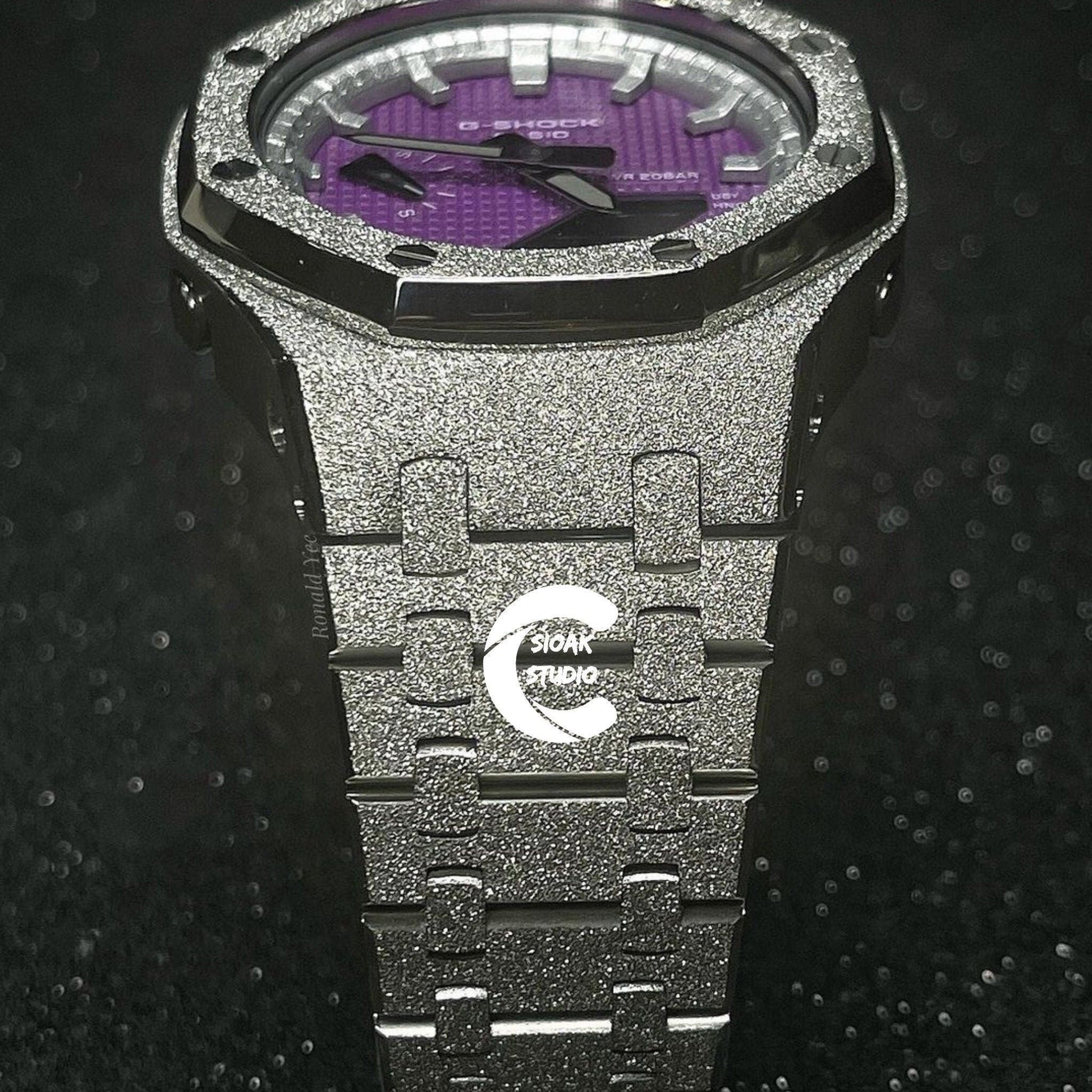 Casioak Mod Watch Frosted Silver Case Metal Strap Silver Time Mark Purple Dial 44mm- Casioak Mod Casio G-Shock Royal Oak Custom Mens Luxury Watches Ga2100