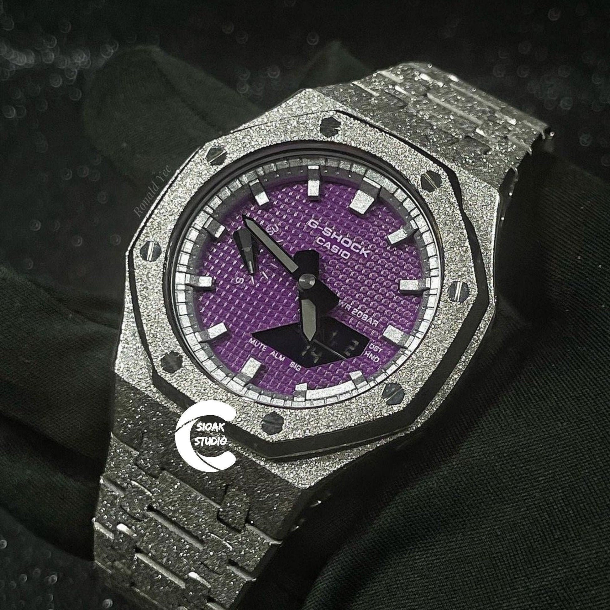 Casioak Mod Watch Frosted Silver Case Metal Strap Silver Time Mark Purple Dial 44mm- Casioak Mod Casio G-Shock Royal Oak Custom Mens Luxury Watches Ga2100