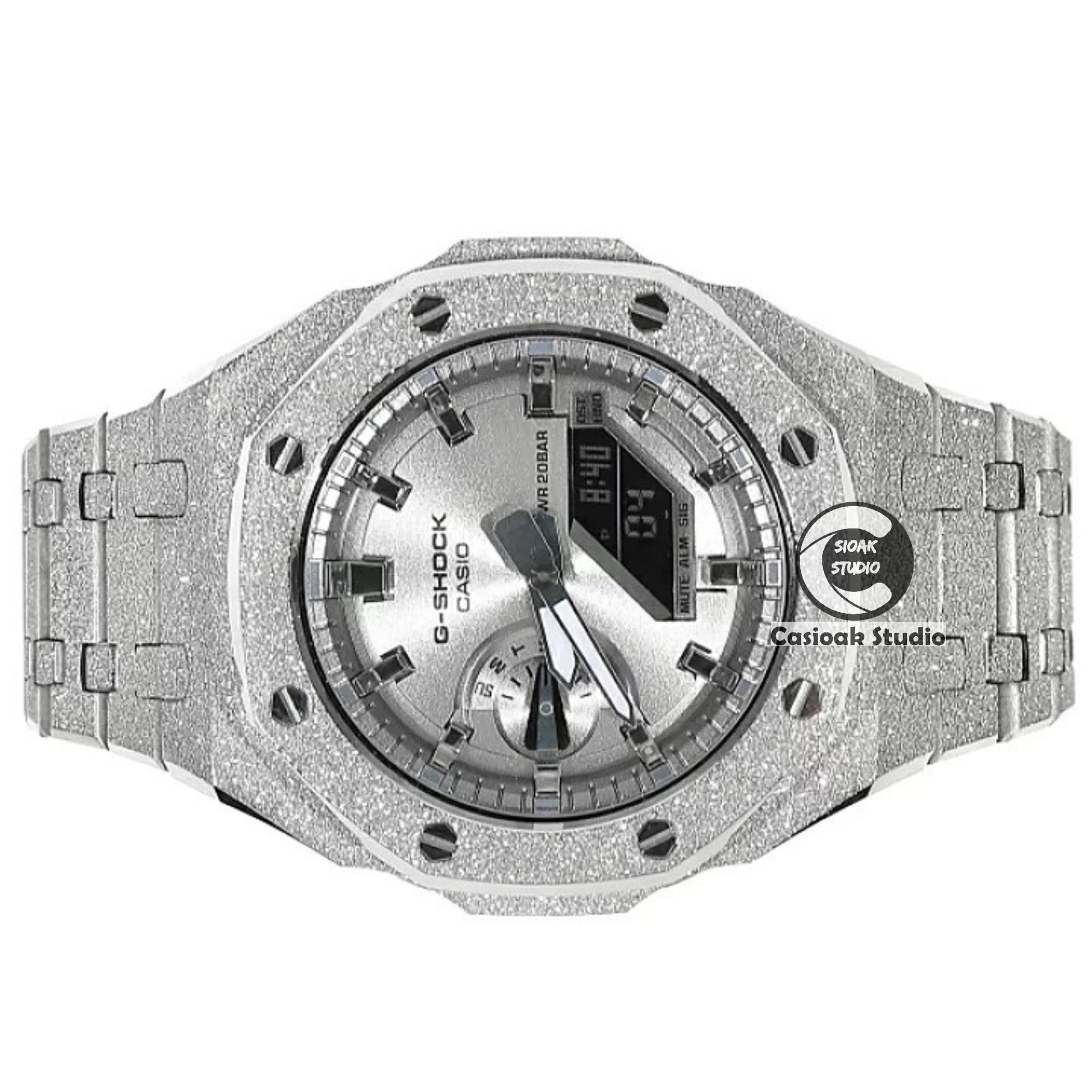 Casioak Mod Watch Frosted Silver Case Metal Strap Silver Time Mark Silver Dial 44mm- Casioak Mod Casio G-Shock Royal Oak Custom Mens Luxury Watches Ga2100