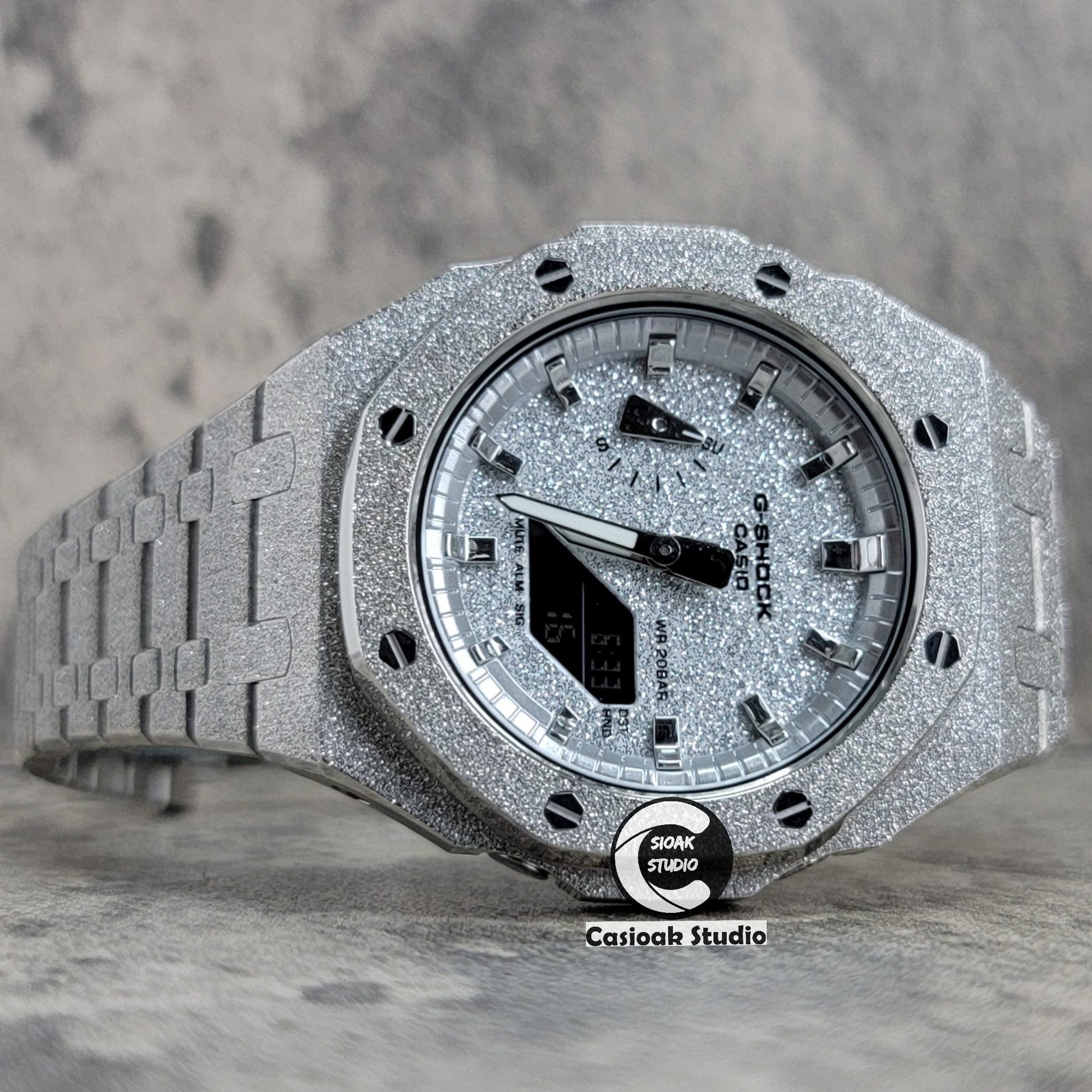 Casioak Mod Watch Frosted Silver Case Metal Strap Silver Time Mark Starry Silver Dial 44mm- Casioak Mod Casio G-Shock Royal Oak Custom Mens Luxury Watches Ga2100