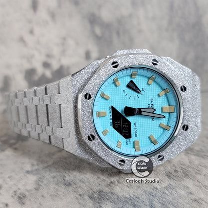 Casioak Mod Watch Frosted Silver Case Metal Strap Tiff Gold Time Mark Tiff Blue Dial 44mm- Casioak Mod Casio G-Shock Royal Oak Custom Mens Luxury Watches Ga2100