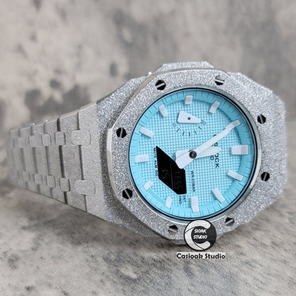 Casioak Mod Watch Frosted Silver Case Metal Strap Tiff White Time Mark Tiff Blue Dial 44mm- Casioak Mod Casio G-Shock Royal Oak Custom Mens Luxury Watches Ga2100