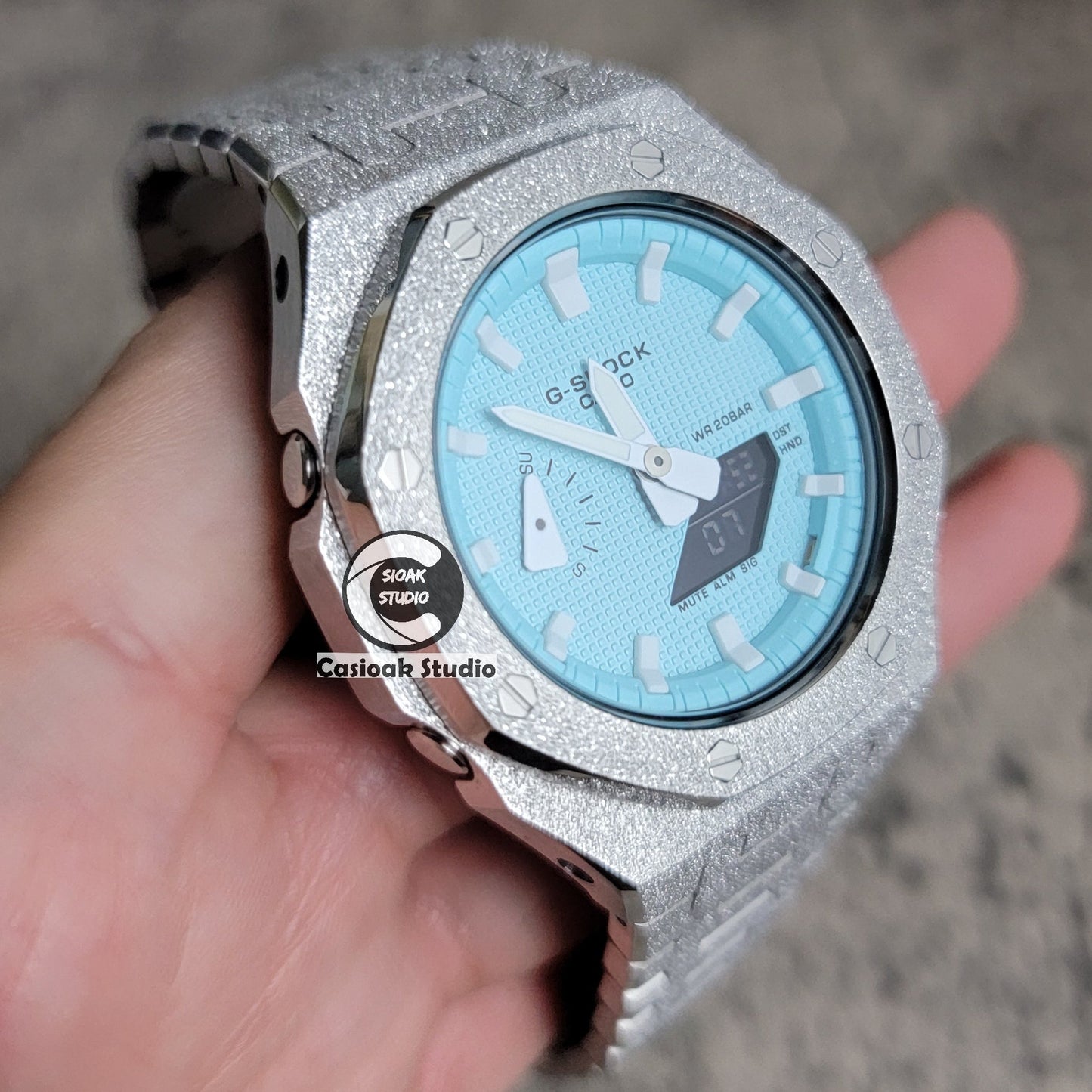 Casioak Mod Watch Frosted Silver Case Metal Strap Tiff White Time Mark Tiff Blue Dial 44mm- Casioak Mod Casio G-Shock Royal Oak Custom Mens Luxury Watches Ga2100