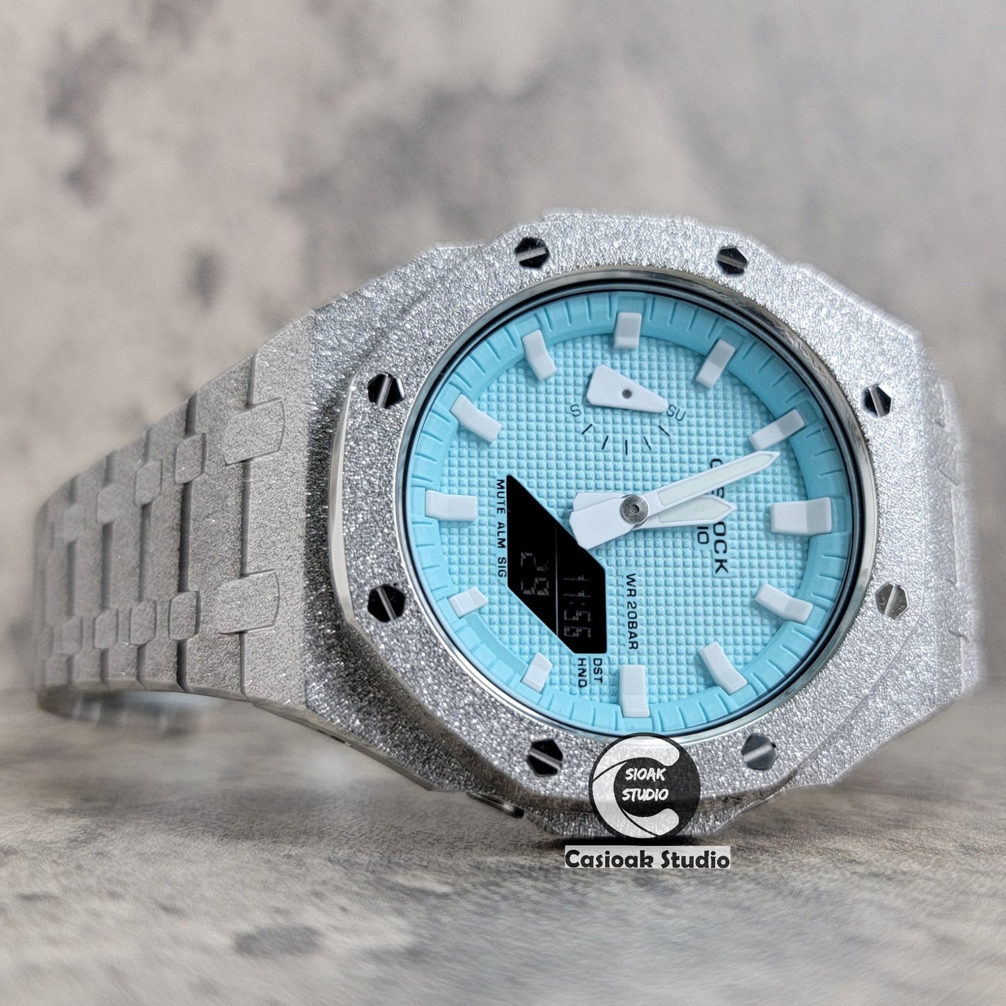 Casioak Mod Watch Frosted Silver Case Metal Strap Tiff White Time Mark Tiff Blue Dial 44mm- Casioak Mod Casio G-Shock Royal Oak Custom Mens Luxury Watches Ga2100