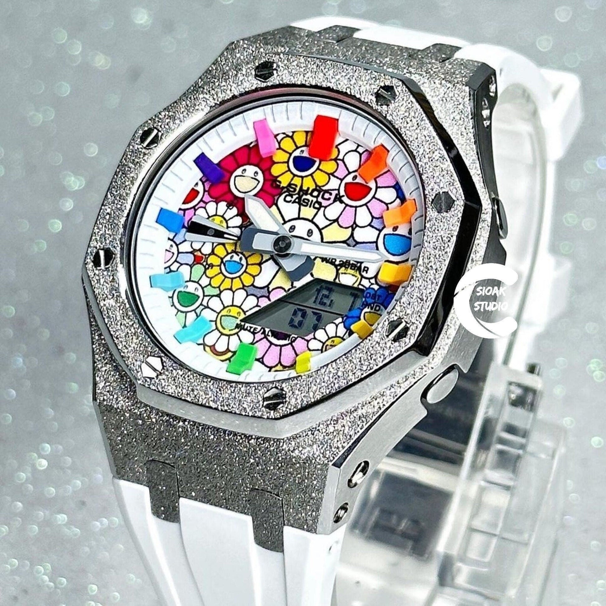 Casioak Mod Watch Frosted Silver Case White Strap Rainbow Time Mark Takashi Murakami Dial 44mm- Casioak Mod Casio G-Shock Royal Oak Custom Mens Luxury Watches Ga2100