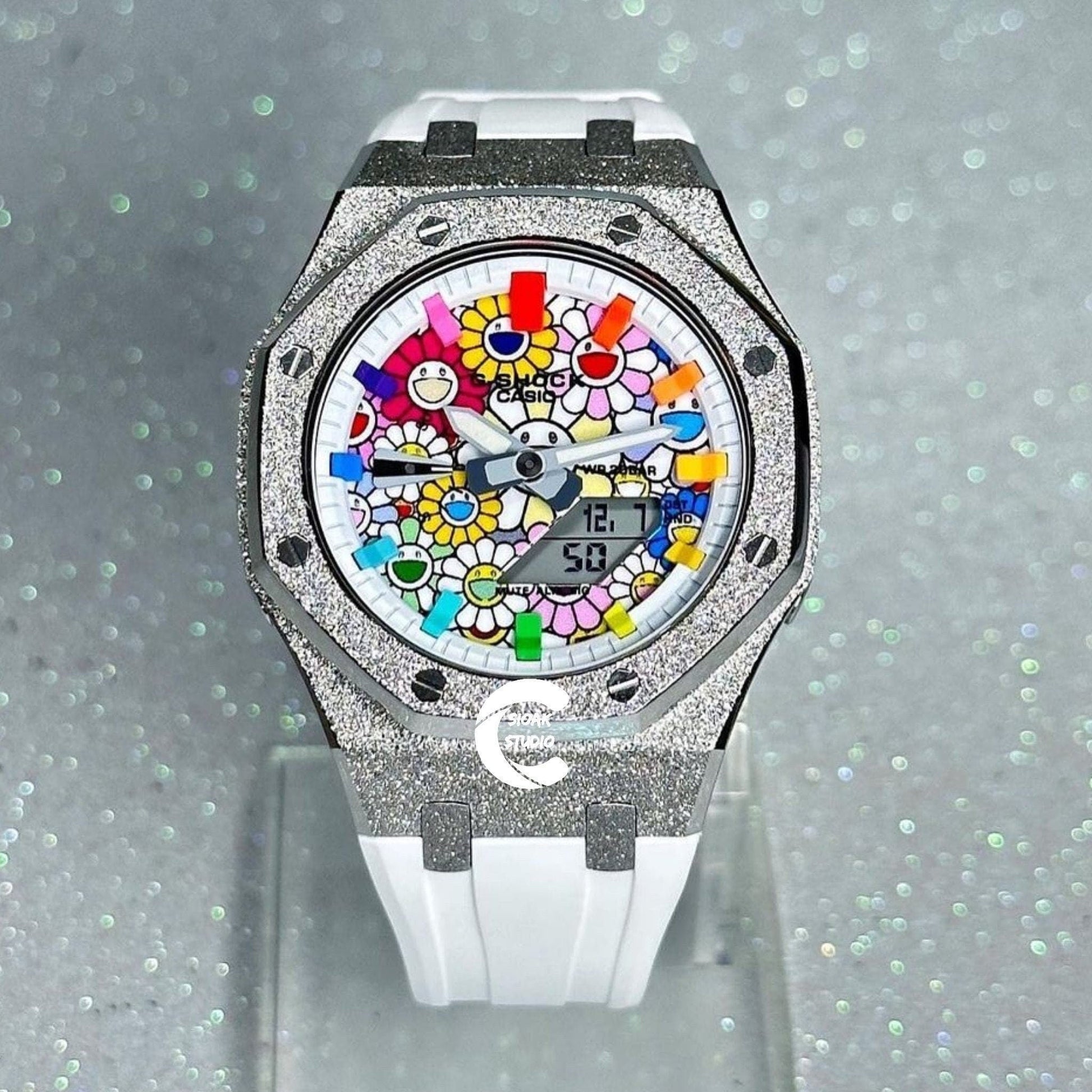 Casioak Mod Watch Frosted Silver Case White Strap Rainbow Time Mark Takashi Murakami Dial 44mm- Casioak Mod Casio G-Shock Royal Oak Custom Mens Luxury Watches Ga2100