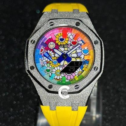 Casioak Mod Watch Frosted Silver Case Yellow Strap Rainbow Time Mark Takashi Murakami Dial 44mm Gift Men- Casioak Mod Casio G-Shock Royal Oak Custom Mens Luxury Watches Ga2100