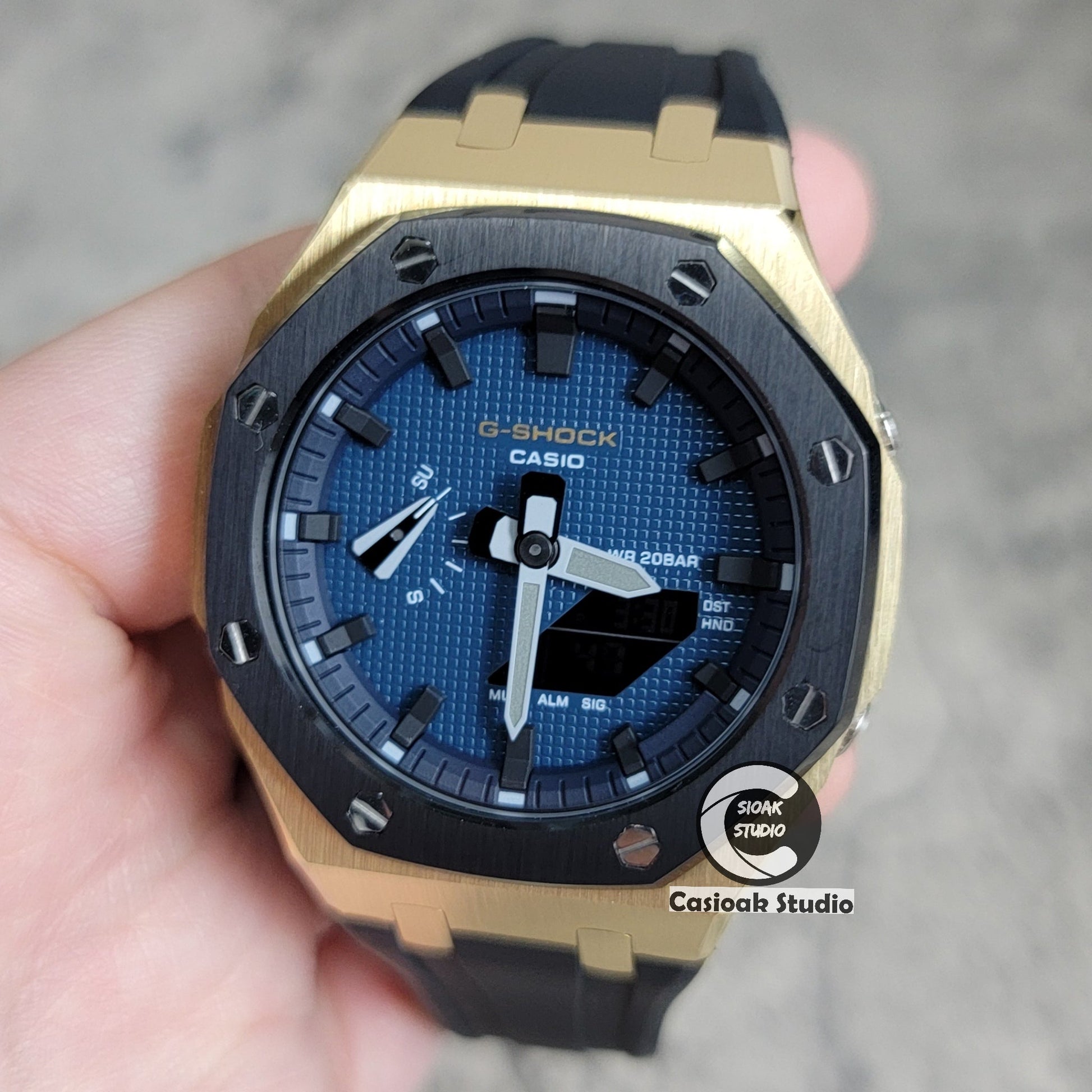 Casioak Mod Watch Gold Black Case Black Strap Blue Black Time Mark Blue Waffle Dial 44mm- Casioak Mod Casio G-Shock Royal Oak Custom Mens Luxury Watches Ga2100