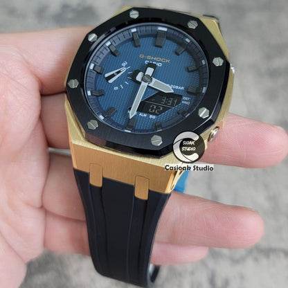 Casioak Mod Watch Gold Black Case Black Strap Blue Black Time Mark Blue Waffle Dial 44mm- Casioak Mod Casio G-Shock Royal Oak Custom Mens Luxury Watches Ga2100