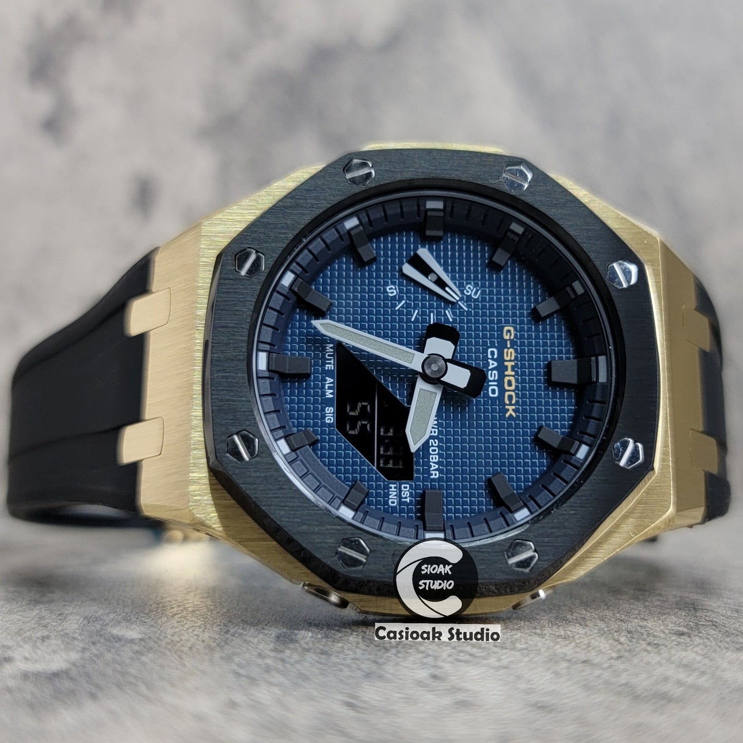 Casioak Mod Watch Gold Black Case Black Strap Blue Black Time Mark Blue Waffle Dial 44mm- Casioak Mod Casio G-Shock Royal Oak Custom Mens Luxury Watches Ga2100