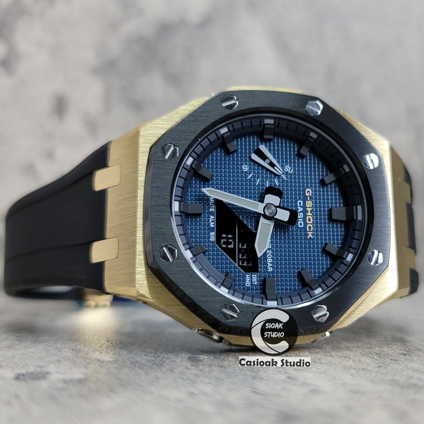 Casioak Mod Watch Gold Black Case Black Strap Blue Black Time Mark Blue Waffle Dial 44mm- Casioak Mod Casio G-Shock Royal Oak Custom Mens Luxury Watches Ga2100