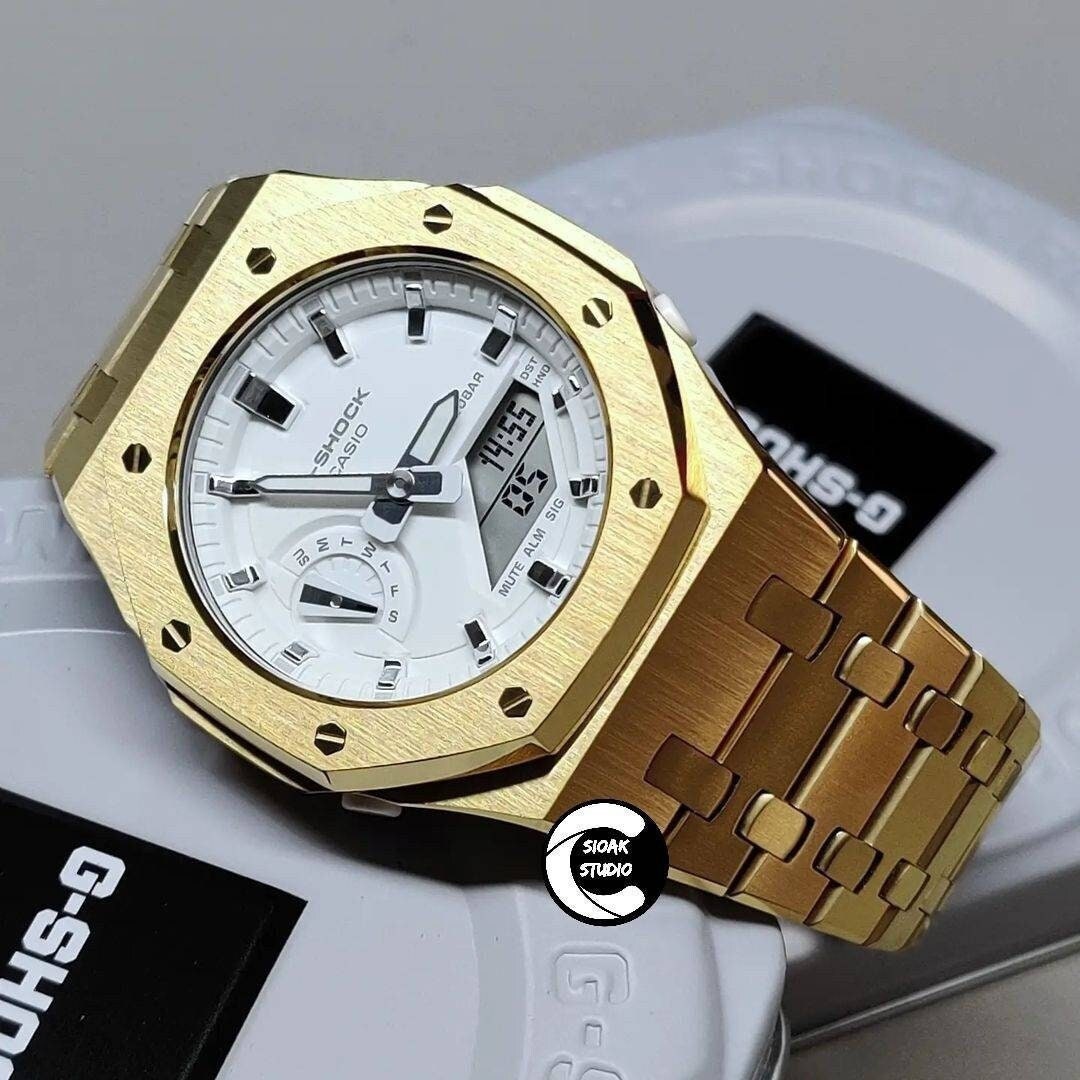 Casioak Mod Watch Gold Cas Metal Strap White Silver Time Mark White Dial 42mm- Casioak Mod Casio G-Shock Royal Oak Custom Mens Luxury Watches Ga2100