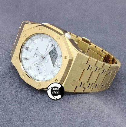 Casioak Mod Watch Gold Cas Metal Strap White Silver Time Mark White Dial 42mm- Casioak Mod Casio G-Shock Royal Oak Custom Mens Luxury Watches Ga2100