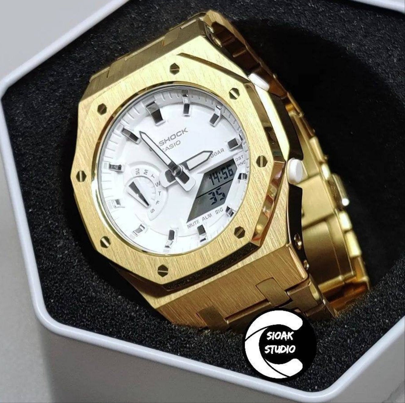 Casioak Mod Watch Gold Cas Metal Strap White Silver Time Mark White Dial 42mm- Casioak Mod Casio G-Shock Royal Oak Custom Mens Luxury Watches Ga2100