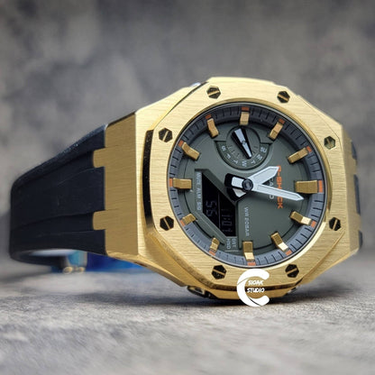 Casioak Mod Watch Gold Case Black Rubber Strap Black Gold Time Mark OIive Dial 44mm- Casioak Mod Casio G-Shock Royal Oak Custom Mens Luxury Watches Ga2100