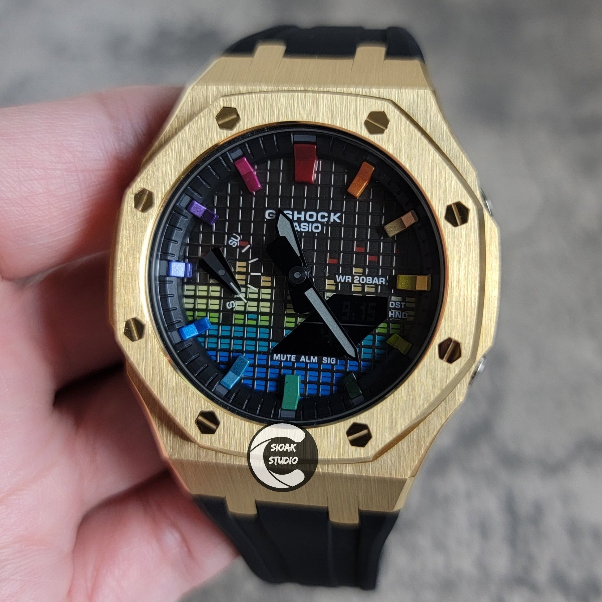 Casioak Mod Watch Gold Case Black Rubber Strap Black Rainbow Time Mark Music Dial 44mm- Casioak Mod Casio G-Shock Royal Oak Custom Mens Luxury Watches Ga2100