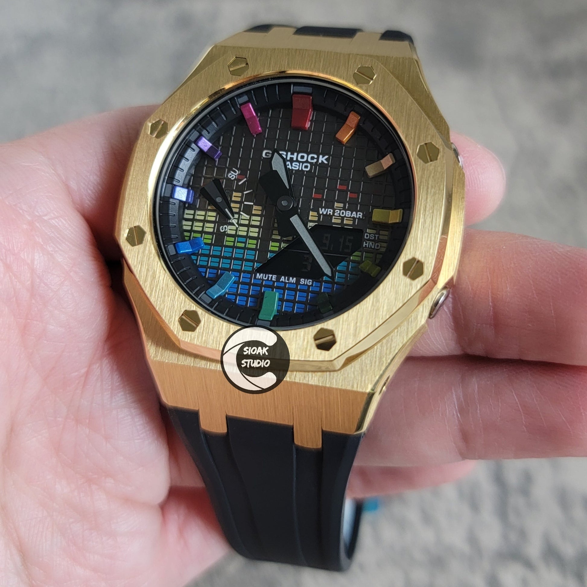 Casioak Mod Watch Gold Case Black Rubber Strap Black Rainbow Time Mark Music Dial 44mm- Casioak Mod Casio G-Shock Royal Oak Custom Mens Luxury Watches Ga2100