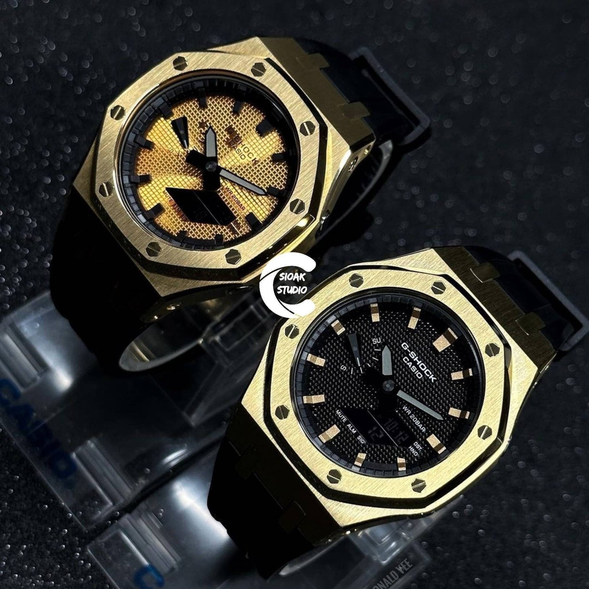 Casioak Mod Watch Gold Case Black Rubber Strap Black Time Mark Gold Dial 44mm- Casioak Mod Casio G-Shock Royal Oak Custom Mens Luxury Watches Ga2100