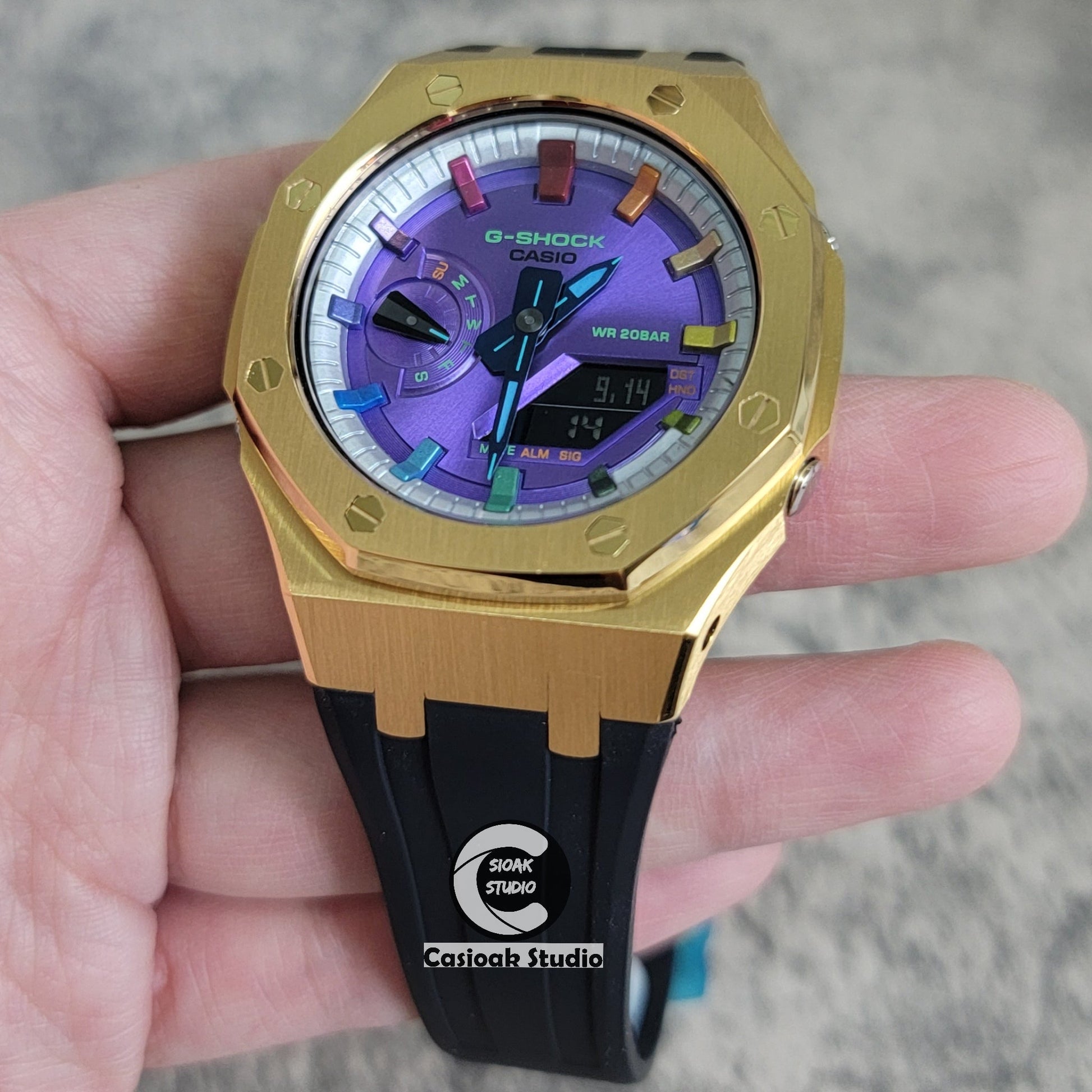 Casioak Mod Watch Gold Case Black Rubber Strap Silver Rainbow Time Mark Purple Dial 44mm- Casioak Mod Casio G-Shock Royal Oak Custom Mens Luxury Watches Ga2100