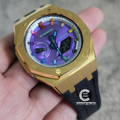 Casioak Mod Watch Gold Case Black Rubber Strap Silver Rainbow Time Mark Purple Dial 44mm- Casioak Mod Casio G-Shock Royal Oak Custom Mens Luxury Watches Ga2100