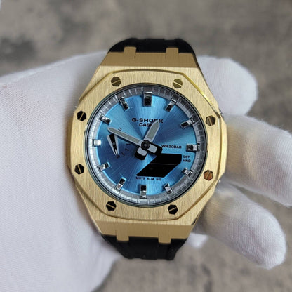 Casioak Mod Watch Gold Case Black Rubber Strap Silver Time Mark Ice Blue Dial 44mm- Casioak Mod Casio G-Shock Royal Oak Custom Mens Luxury Watches Ga2100