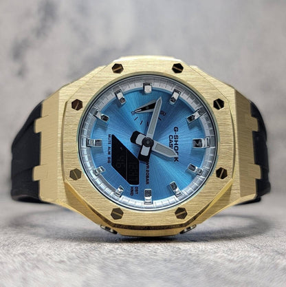 Casioak Mod Watch Gold Case Black Rubber Strap Silver Time Mark Ice Blue Dial 44mm- Casioak Mod Casio G-Shock Royal Oak Custom Mens Luxury Watches Ga2100