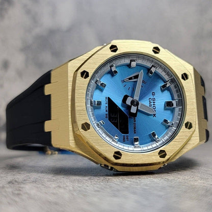 Casioak Mod Watch Gold Case Black Rubber Strap Silver Time Mark Ice Blue Dial 44mm- Casioak Mod Casio G-Shock Royal Oak Custom Mens Luxury Watches Ga2100