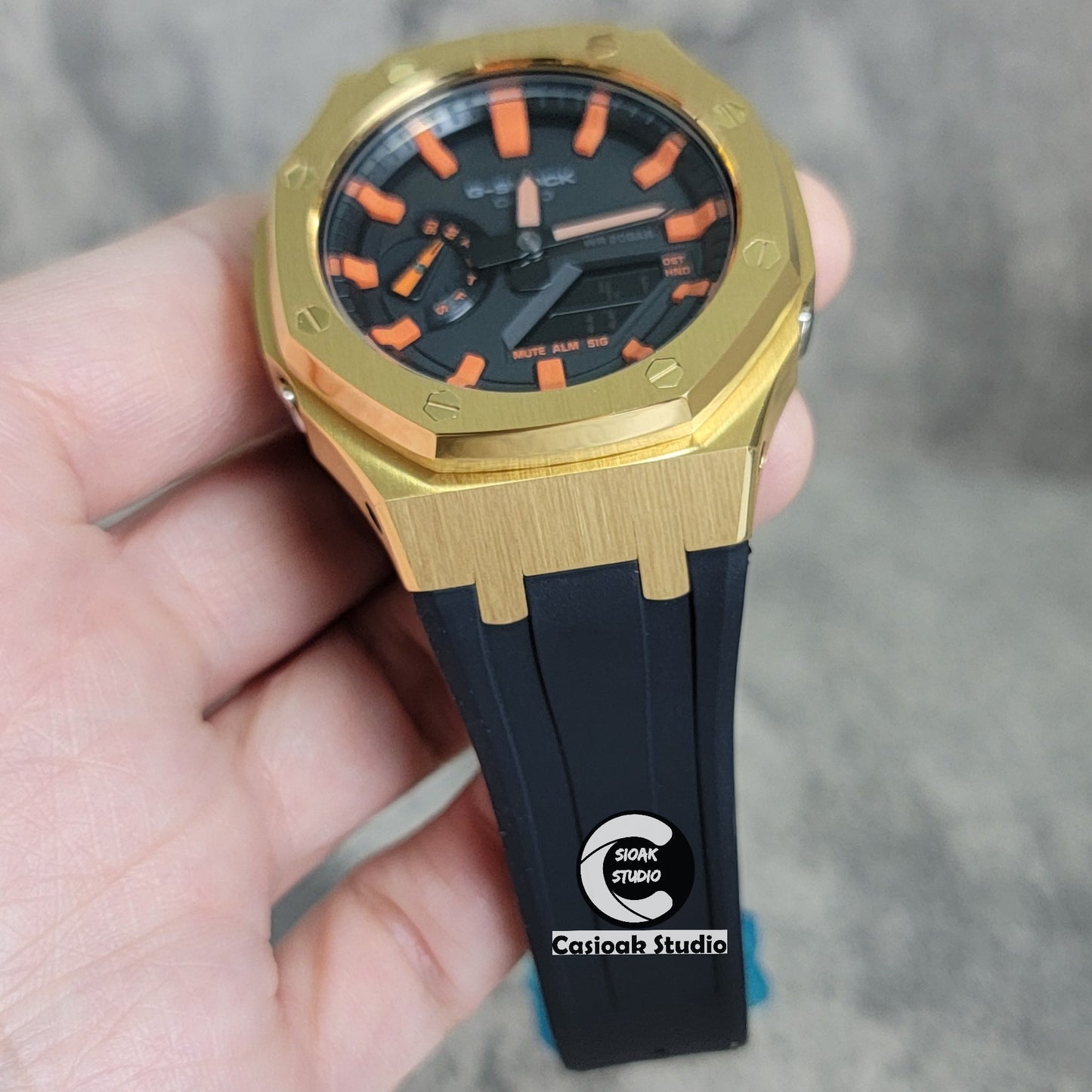 Casioak Mod Watch Gold Case Blackl Rubber Strap Black Orange Time Mark Black Dial 44mm- Casioak Mod Casio G-Shock Royal Oak Custom Mens Luxury Watches Ga2100