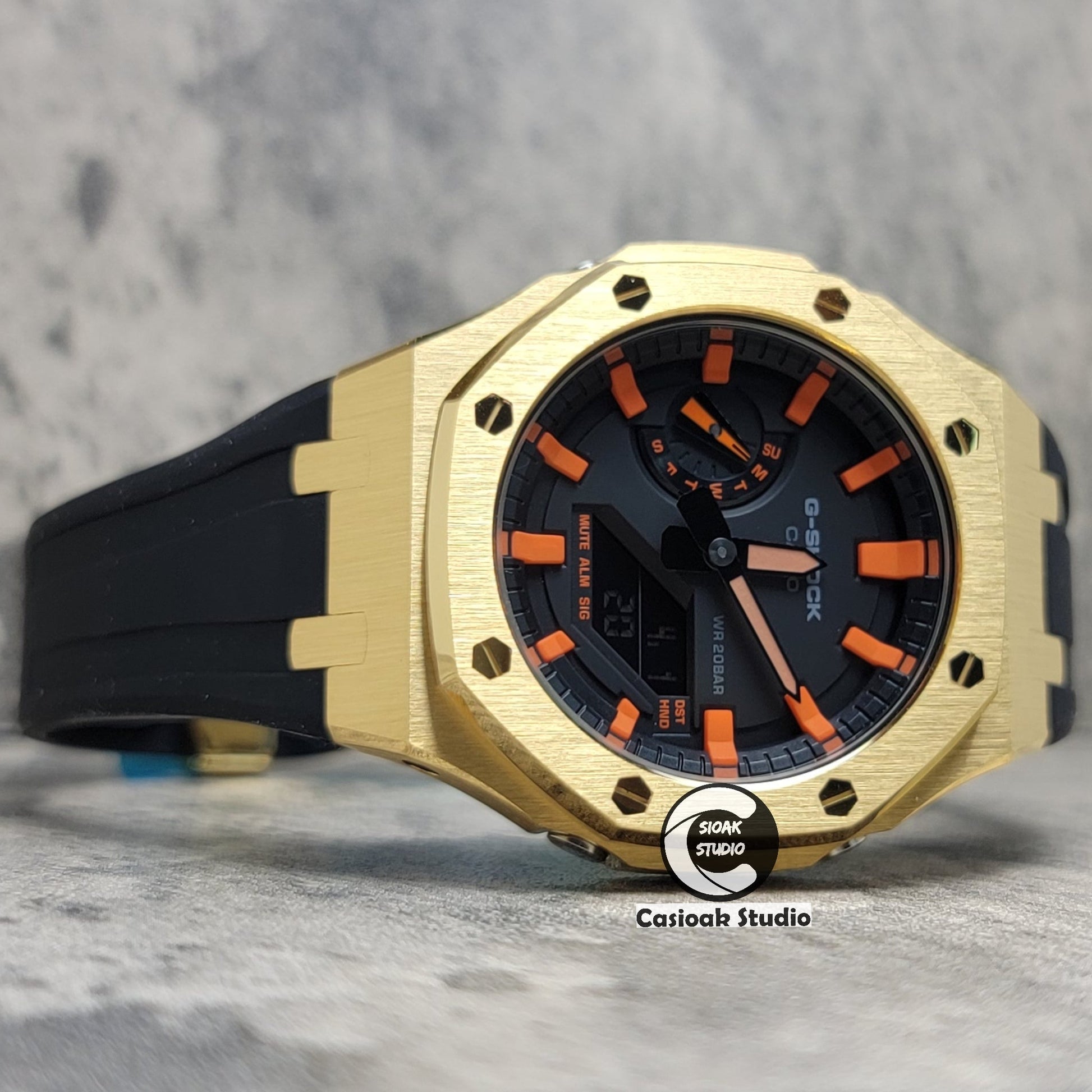 Casioak Mod Watch Gold Case Blackl Rubber Strap Black Orange Time Mark Black Dial 44mm- Casioak Mod Casio G-Shock Royal Oak Custom Mens Luxury Watches Ga2100