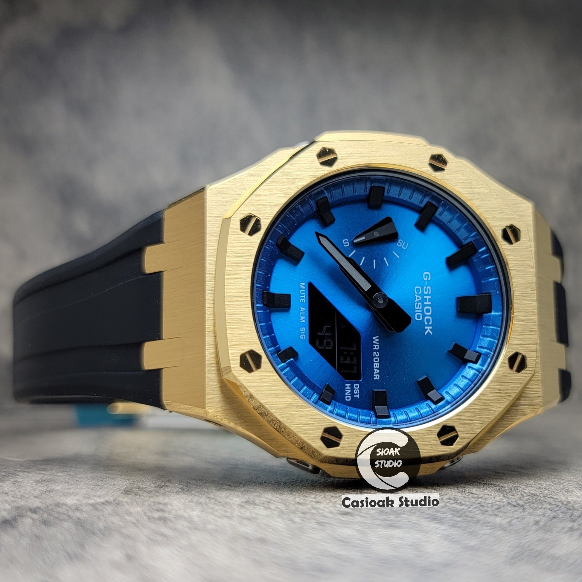 Casioak Mod Watch Gold Case Blue Rubber Strap Blue Black Time Mark Blue Dial 44mm- Casioak Mod Casio G-Shock Royal Oak Custom Mens Luxury Watches Ga2100