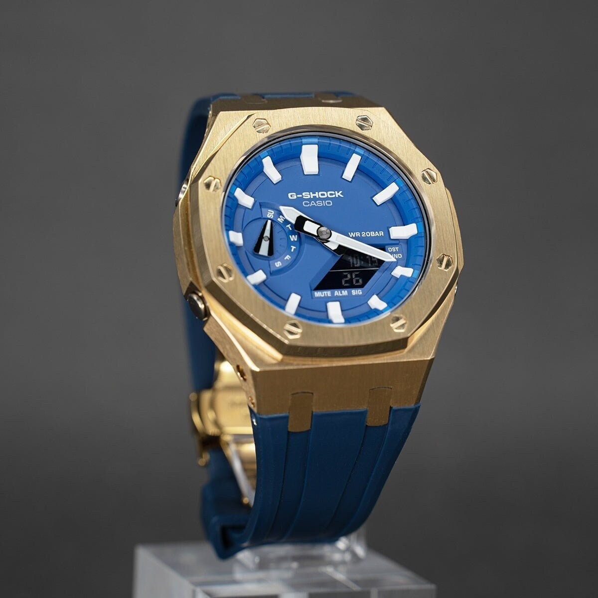 Casioak Mod Watch Gold Case Blue Rubber Strap Blue White Time Mark Blue Dial 44mm- Casioak Mod Casio G-Shock Royal Oak Custom Mens Luxury Watches Ga2100