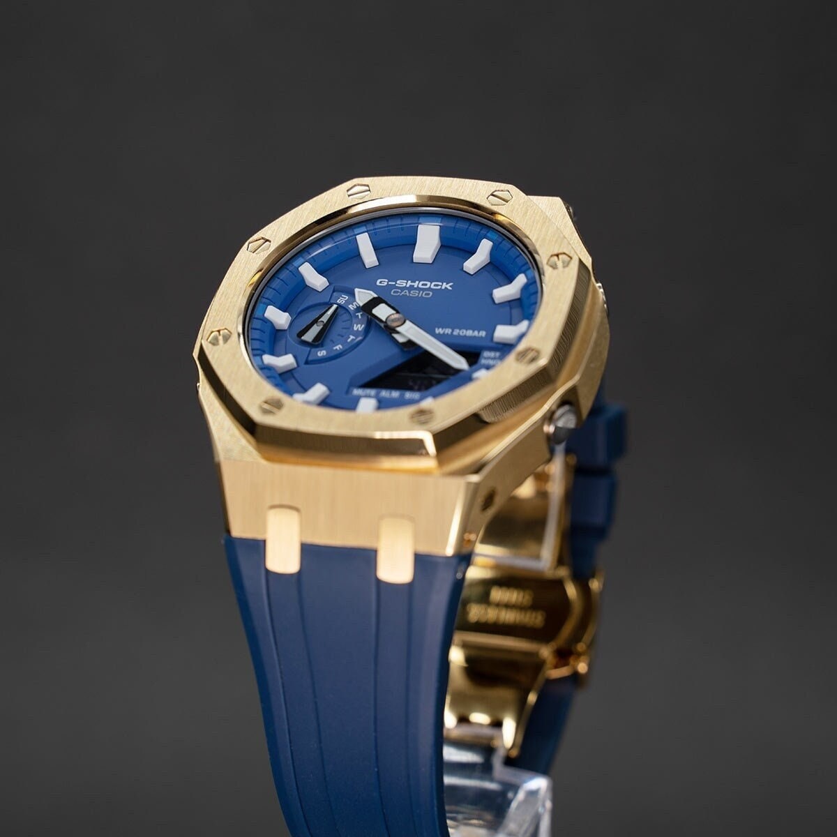 Casioak Mod Watch Gold Case Blue Rubber Strap Blue White Time Mark Blue Dial 44mm- Casioak Mod Casio G-Shock Royal Oak Custom Mens Luxury Watches Ga2100