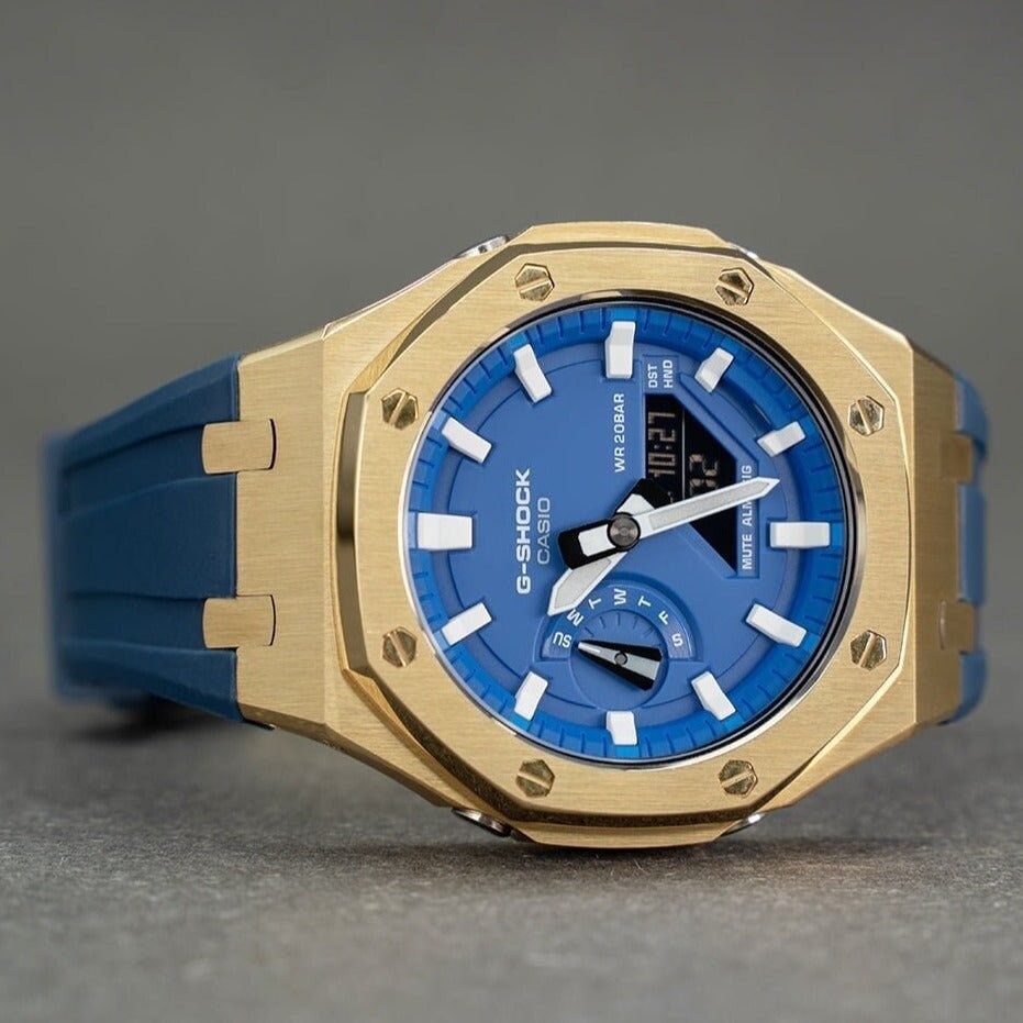 Casiooak Custom Casioak Mod Watch Gold Case Blue Rubber Strap Blue White Time Mark Blue ...