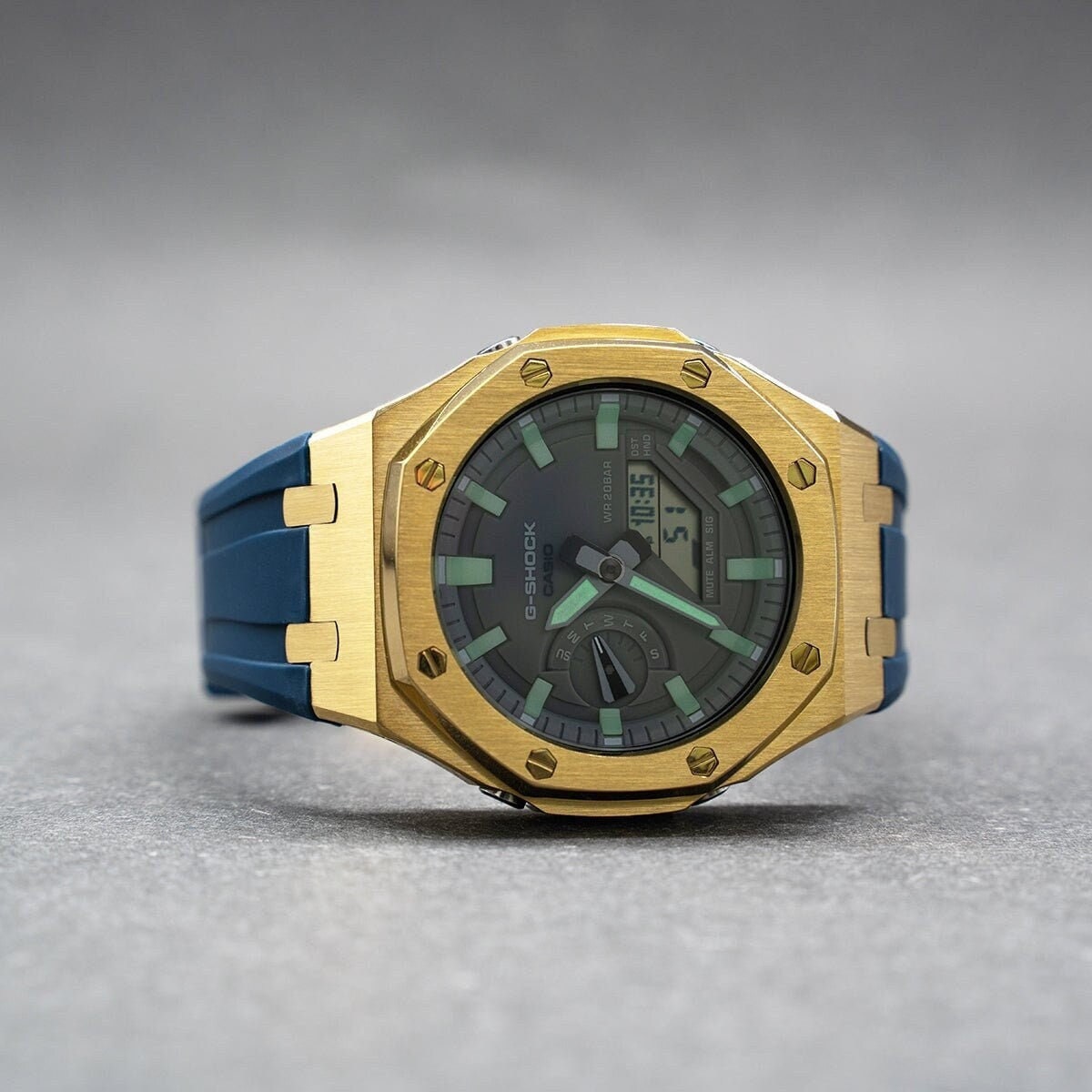 Casioak Mod Watch Gold Case Blue Rubber Strap Gray Luminous Time Mark Gray Dial 44mm- Casioak Mod Casio G-Shock Royal Oak Custom Mens Luxury Watches Ga2100