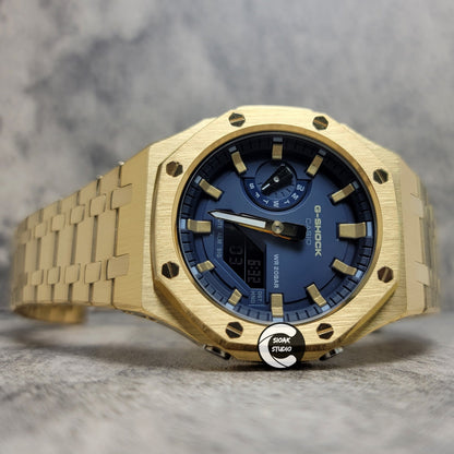 Casioak Mod Watch Gold Case Metal Strap Black Gold Time Mark Blue Dial 44mm- Casioak Mod Casio G-Shock Royal Oak Custom Mens Luxury Watches Ga2100