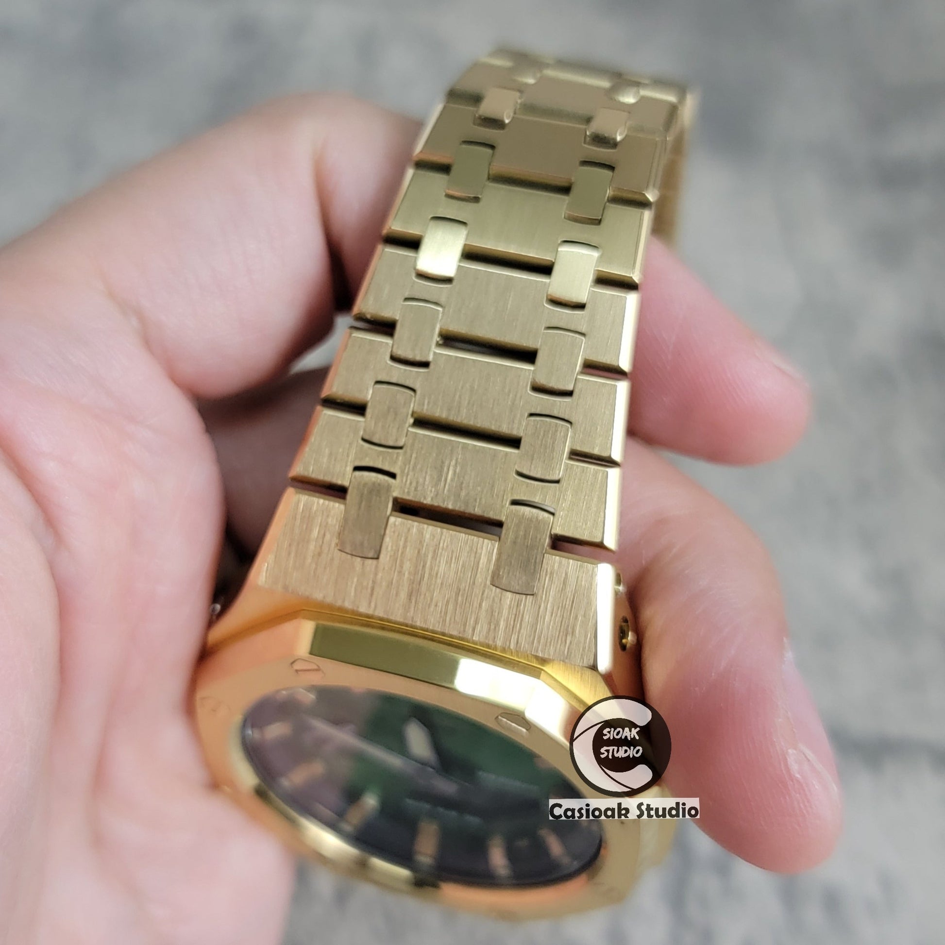 Casioak Mod Watch Gold Case Metal Strap Black Gold Time Mark Green Dial 44mm- Casioak Mod Casio G-Shock Royal Oak Custom Mens Luxury Watches Ga2100