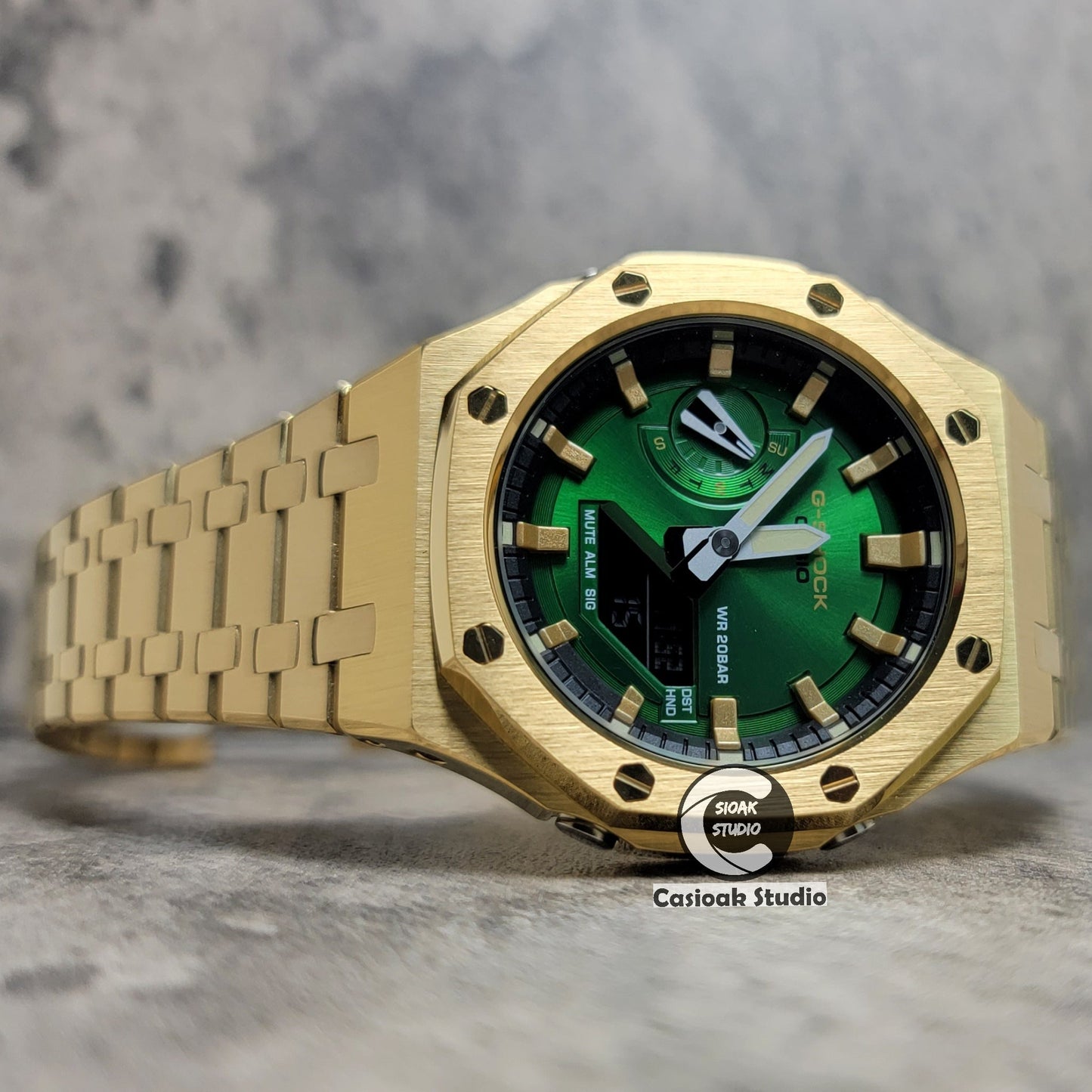 Casioak Mod Watch Gold Case Metal Strap Black Gold Time Mark Green Dial 44mm- Casioak Mod Casio G-Shock Royal Oak Custom Mens Luxury Watches Ga2100