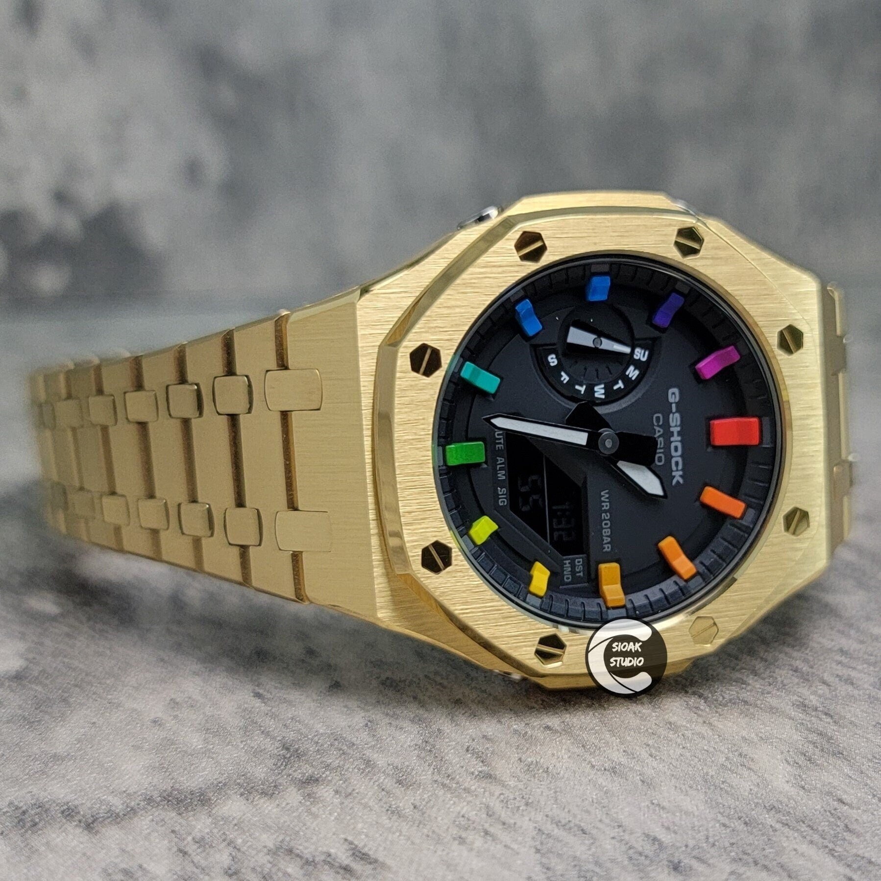 Casioak Mod Watch Gold Case Metal Strap Black Rainbow Time Mark Black Dial 44mm- Casioak Mod Casio G-Shock Royal Oak Custom Mens Luxury Watches Ga2100