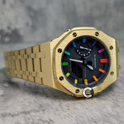 Casioak Mod Watch Gold Case Metal Strap Black Rainbow Time Mark Black Dial 44mm- Casioak Mod Casio G-Shock Royal Oak Custom Mens Luxury Watches Ga2100