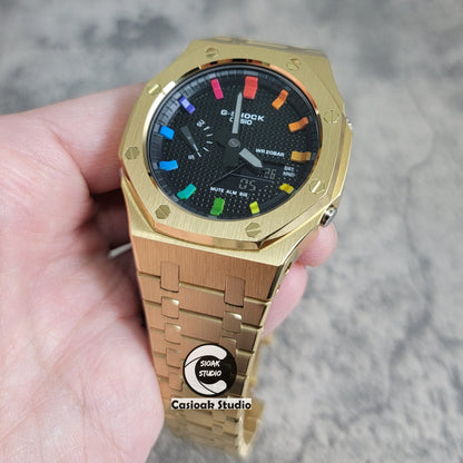 Casioak Mod Watch Gold Case Metal Strap Black Rainbow Time Mark Black Waffle Dial 44mm- Casioak Mod Casio G-Shock Royal Oak Custom Mens Luxury Watches Ga2100