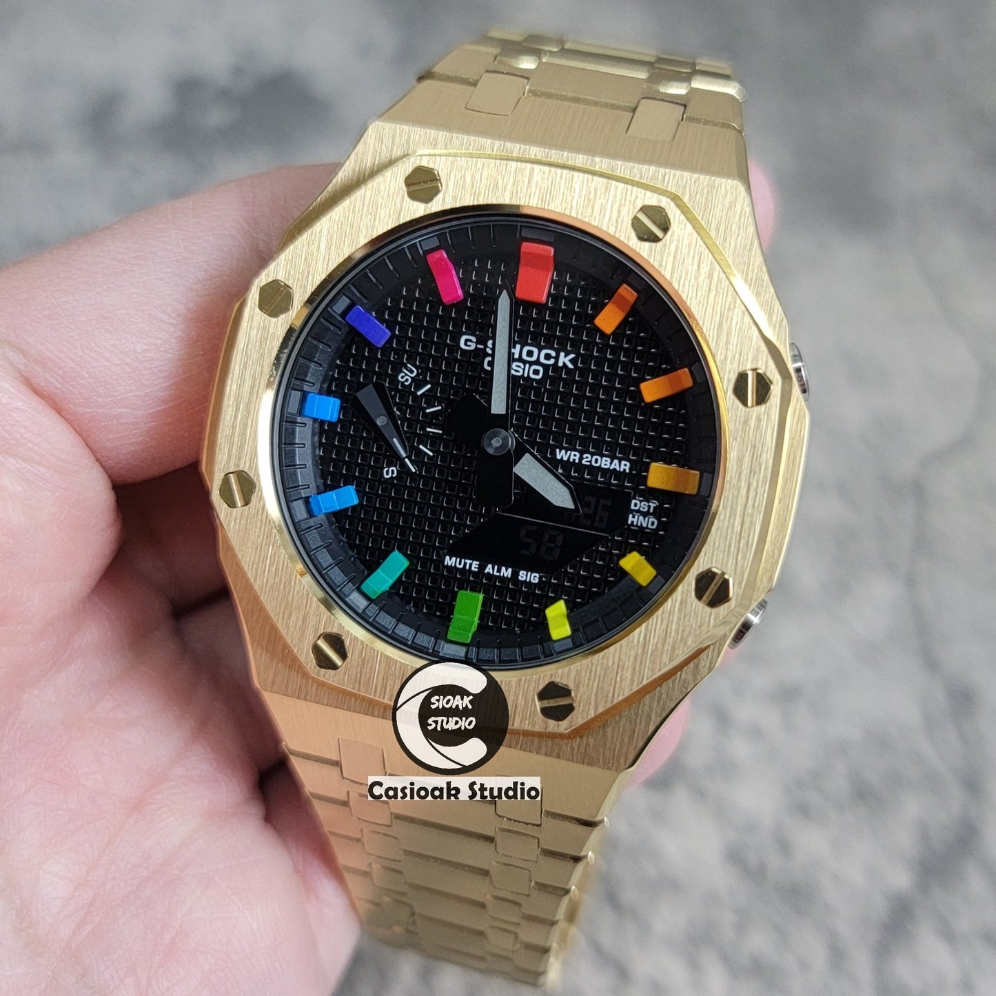 Casioak Mod Watch Gold Case Metal Strap Black Rainbow Time Mark Black Waffle Dial 44mm- Casioak Mod Casio G-Shock Royal Oak Custom Mens Luxury Watches Ga2100