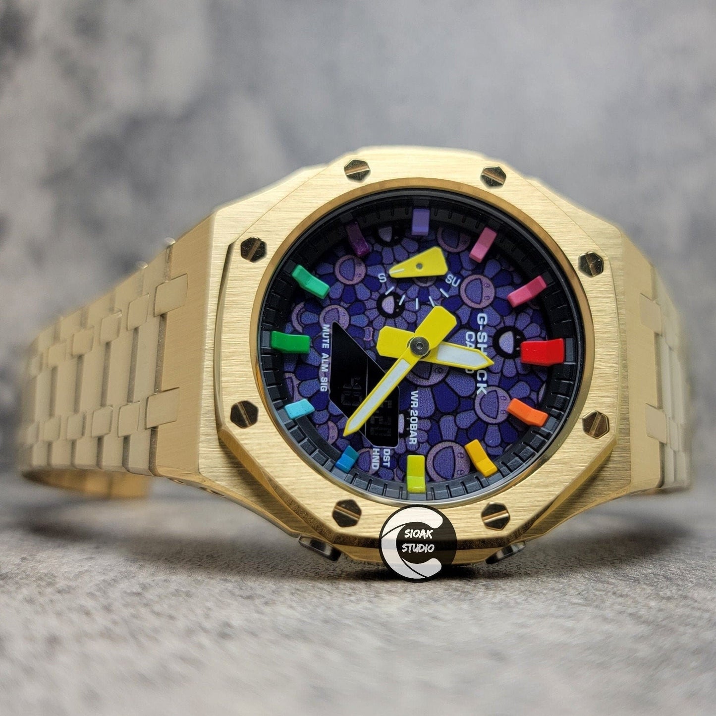 Casioak Mod Watch Gold Case Metal Strap Black Rainbow Time Mark Takashi Murakami Dial 44mm- Casioak Mod Casio G-Shock Royal Oak Custom Mens Luxury Watches Ga2100