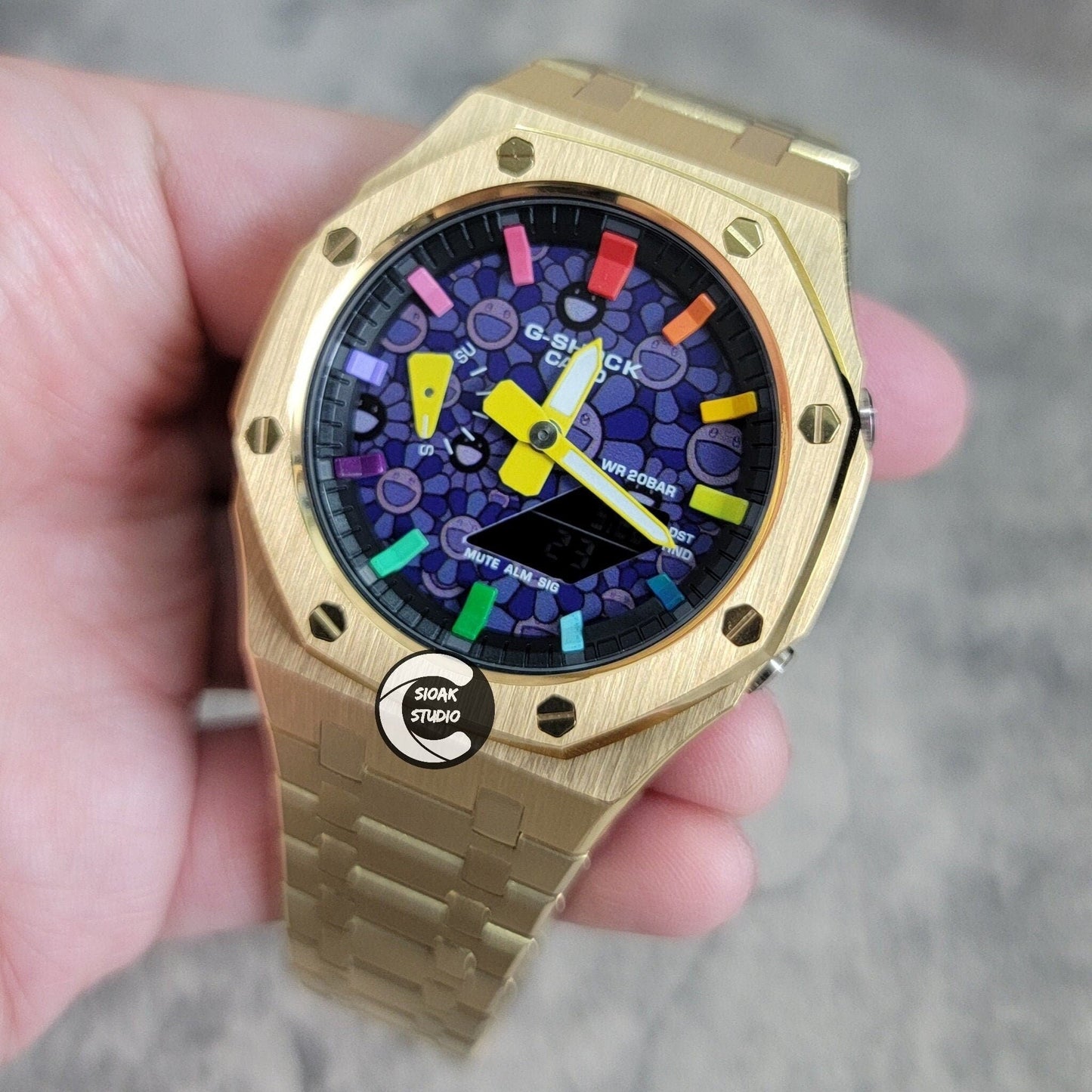 Casioak Mod Watch Gold Case Metal Strap Black Rainbow Time Mark Takashi Murakami Dial 44mm- Casioak Mod Casio G-Shock Royal Oak Custom Mens Luxury Watches Ga2100