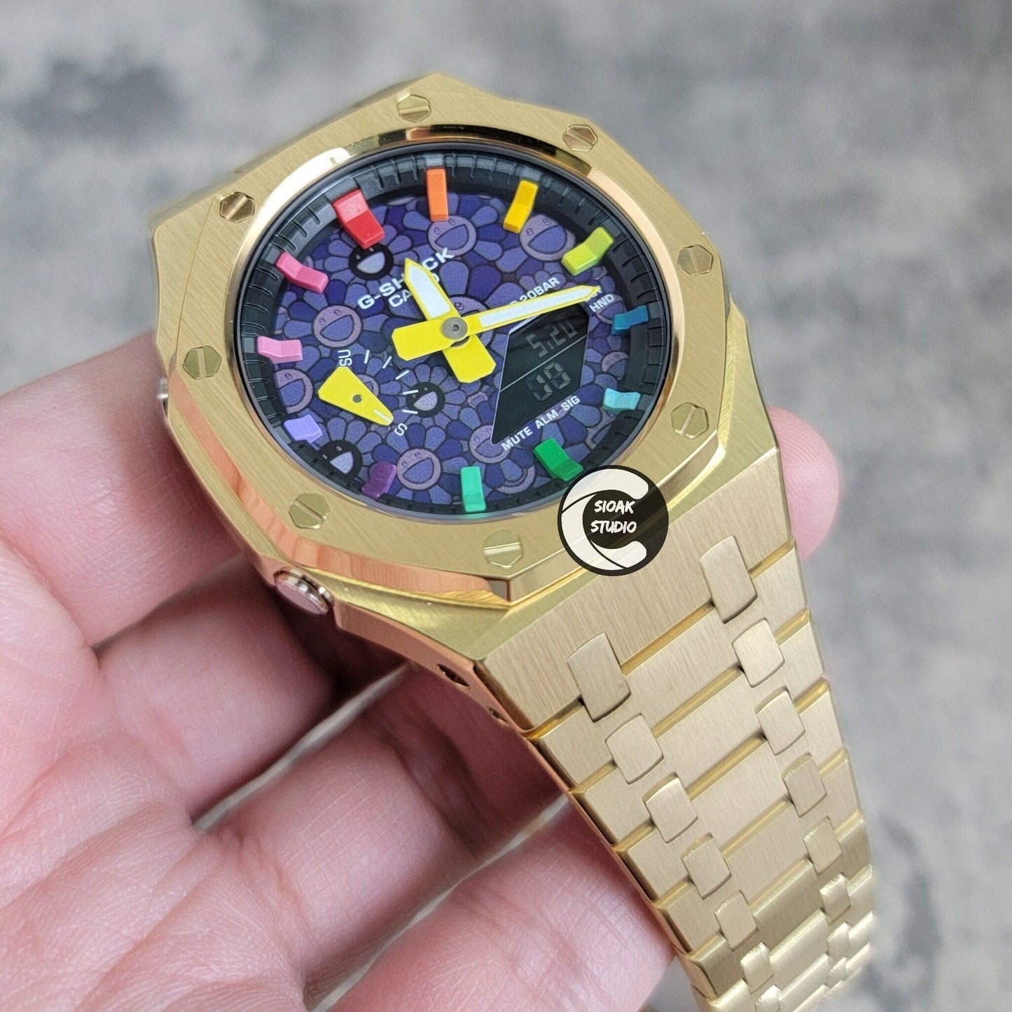 Casioak Mod Watch Gold Case Metal Strap Black Rainbow Time Mark Takashi Murakami Dial 44mm- Casioak Mod Casio G-Shock Royal Oak Custom Mens Luxury Watches Ga2100