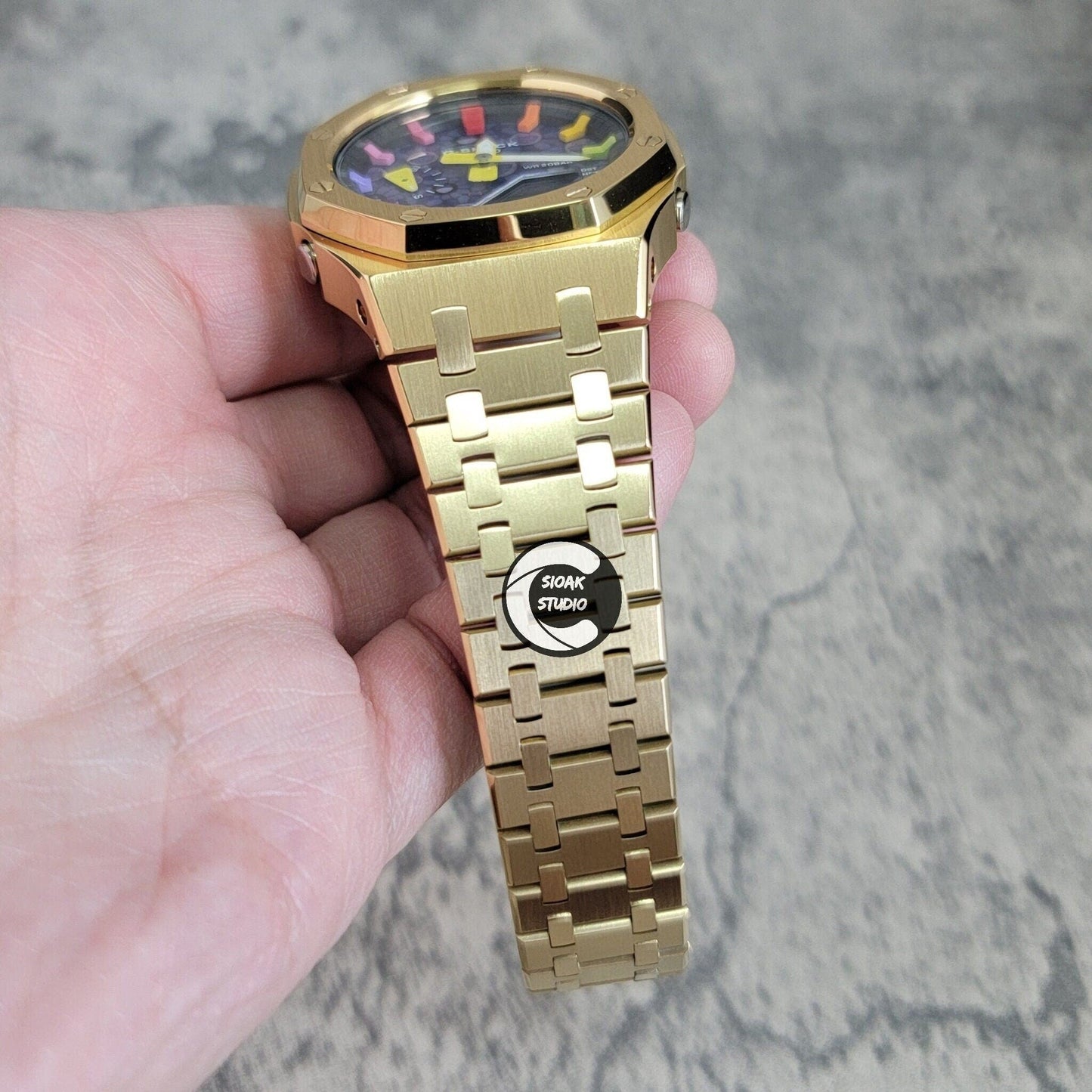 Casioak Mod Watch Gold Case Metal Strap Black Rainbow Time Mark Takashi Murakami Dial 44mm- Casioak Mod Casio G-Shock Royal Oak Custom Mens Luxury Watches Ga2100