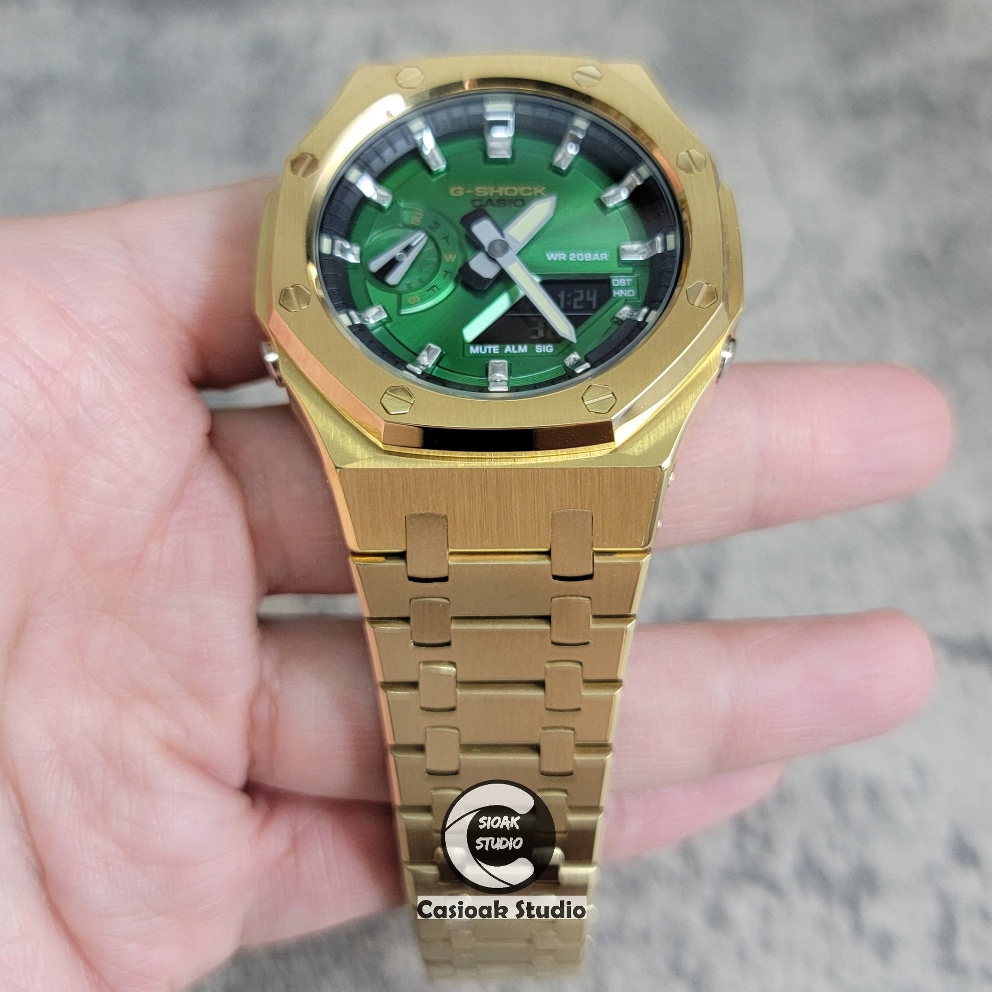 Casioak Mod Watch Gold Case Metal Strap Black Silver Time Mark Green Dial 44mm的副本- Casioak Mod Casio G-Shock Royal Oak Custom Mens Luxury Watches Ga2100