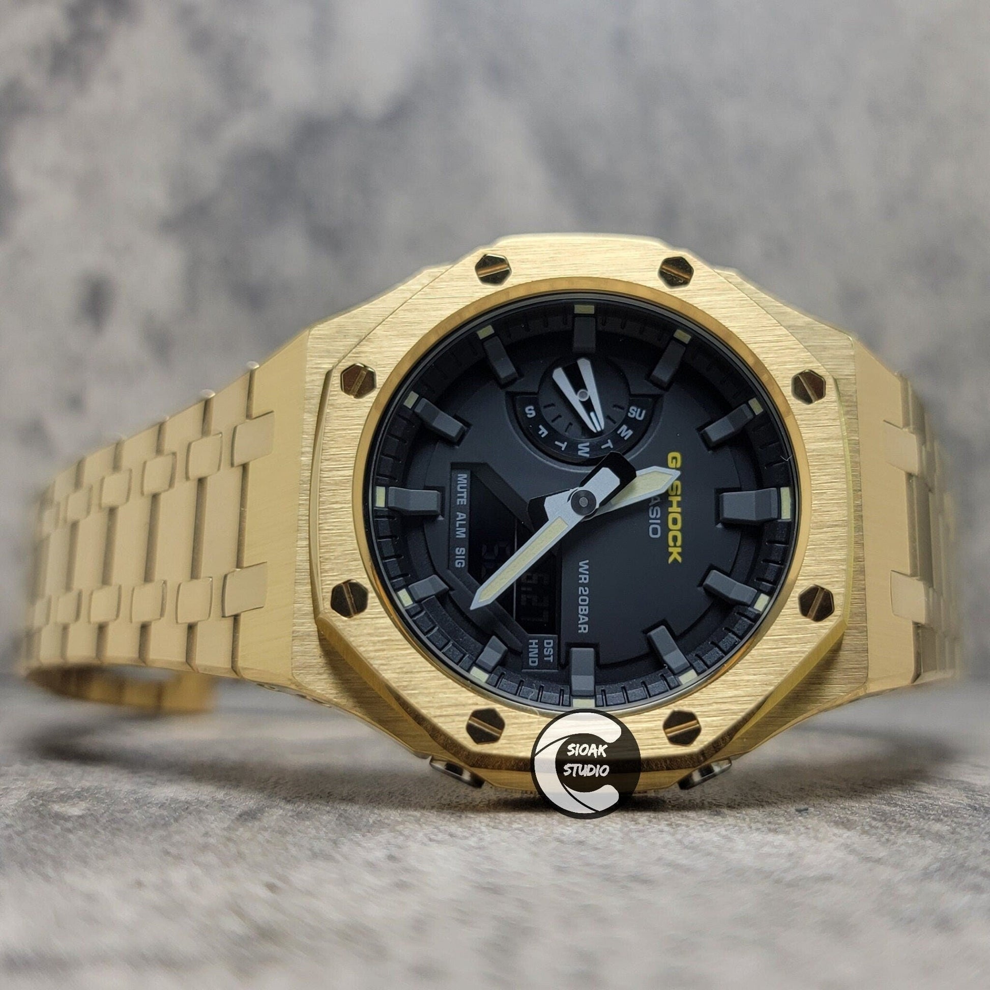 Casioak Mod Watch Gold Case Metal Strap Black Time Mark Black Dial 44mm- Casioak Mod Casio G-Shock Royal Oak Custom Mens Luxury Watches Ga2100