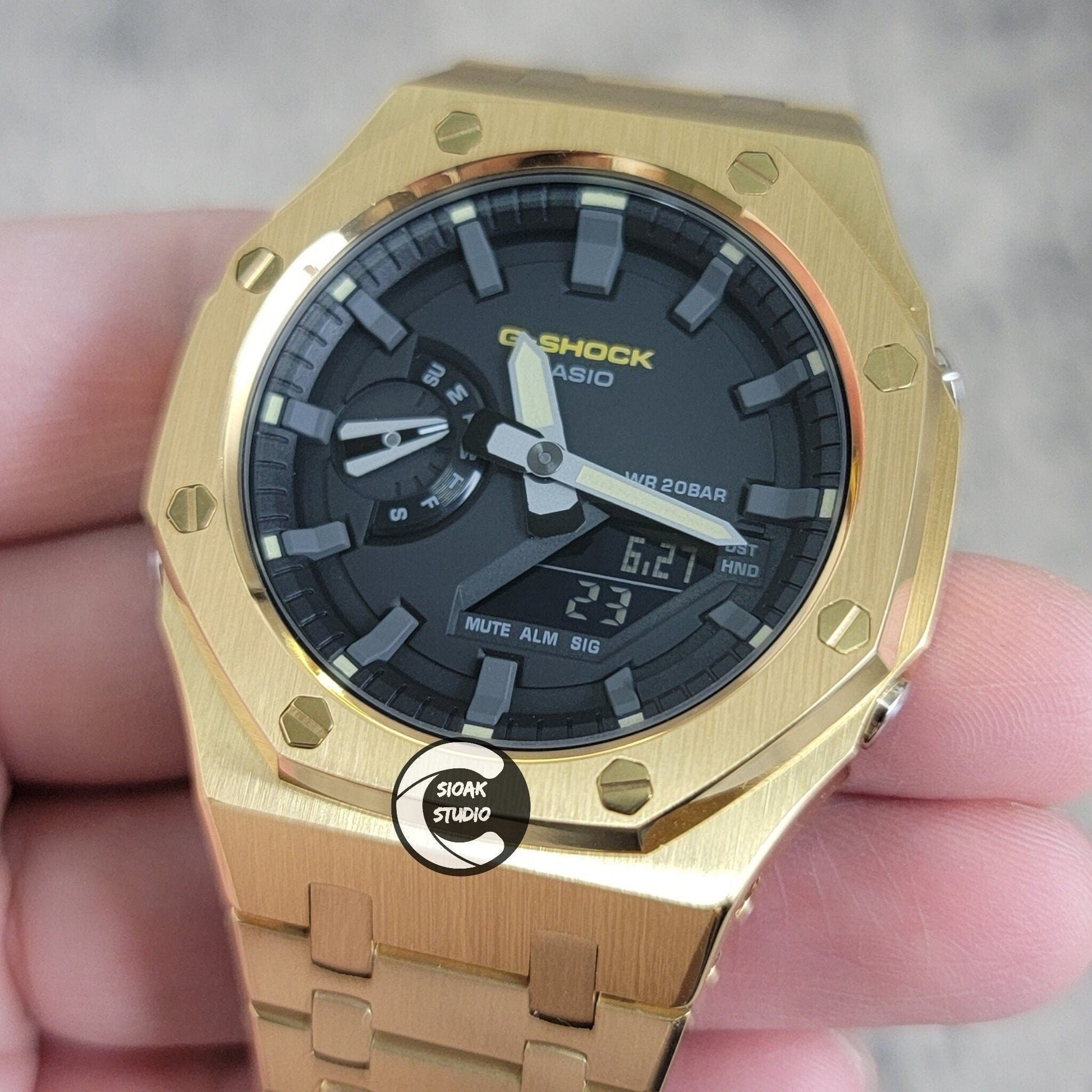 Casioak Mod Watch Gold Case Metal Strap Black Time Mark Black Dial 44mm- Casioak Mod Casio G-Shock Royal Oak Custom Mens Luxury Watches Ga2100