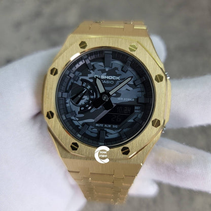 Casioak Mod Watch Gold Case Metal Strap Black Time Mark Camouflage Dial 44mm- Casioak Mod Casio G-Shock Royal Oak Custom Mens Luxury Watches Ga2100