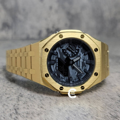 Casioak Mod Watch Gold Case Metal Strap Black Time Mark Camouflage Dial 44mm- Casioak Mod Casio G-Shock Royal Oak Custom Mens Luxury Watches Ga2100